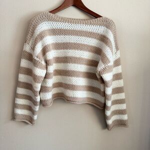 ✨ Striped Chunky Knit Cropped Sweater | Neutral Beige & Cream | Size Small